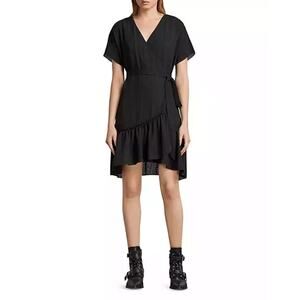 All Saints Rene Ruffle Bottom Short Sleeve Wrap Dress Black